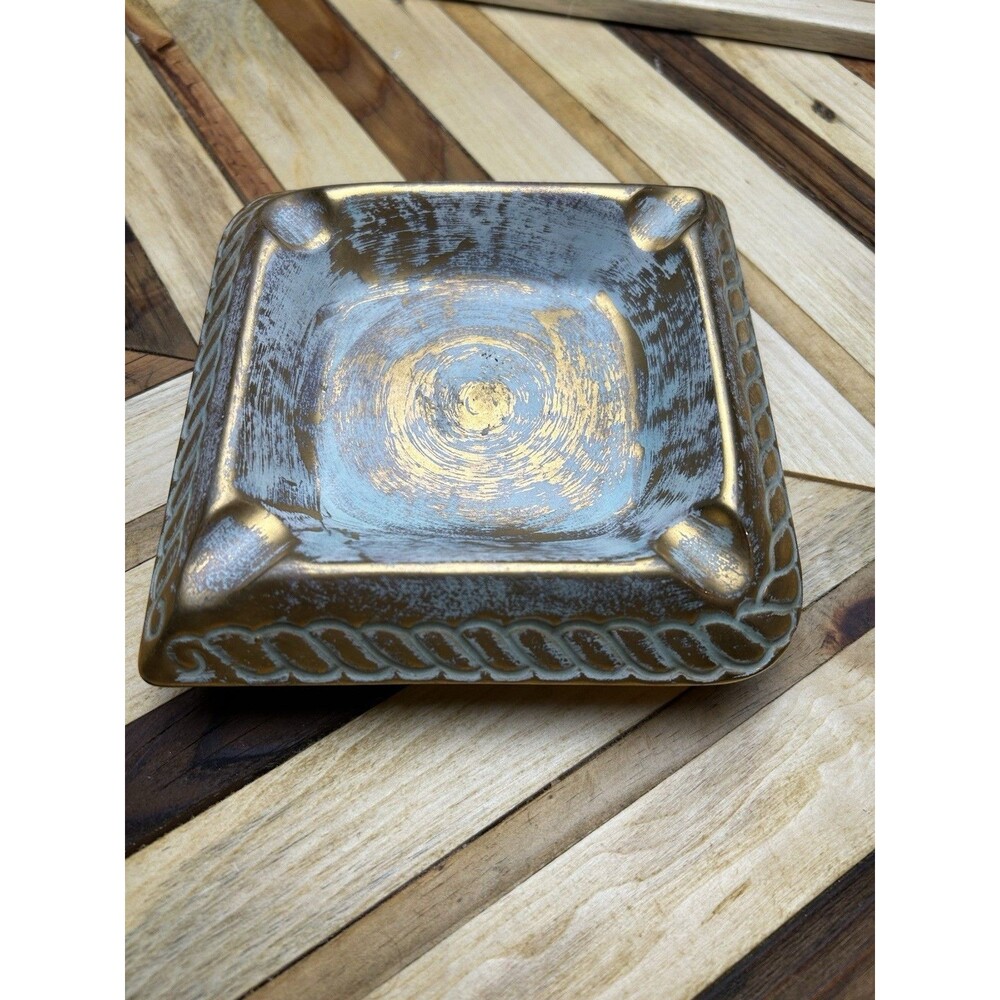 1960s STANGL Pottery Ashtray Hand Painted Aqua Brushed Gold Rope Braid 6” #5074
